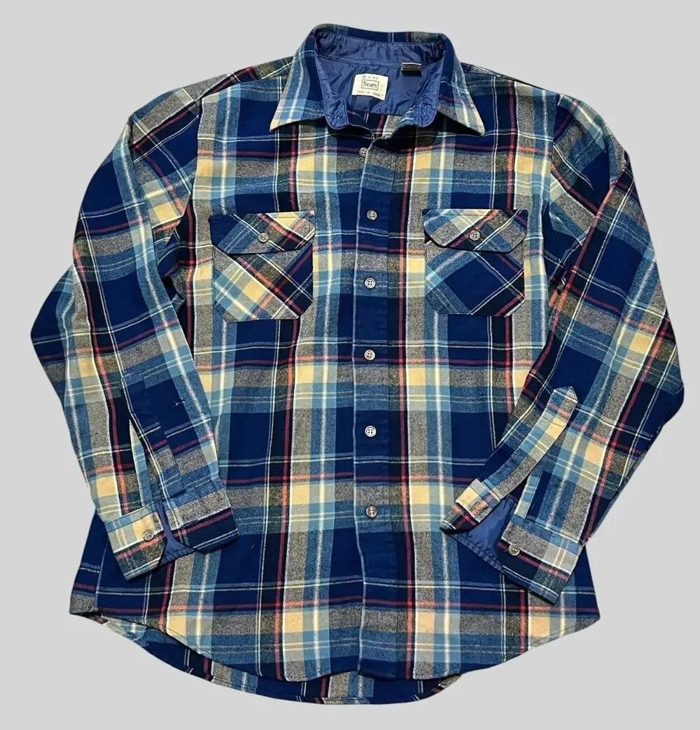 Vtg 70s Sears Mens M Blue Plaid Flannel Acrylic Made in Korea Grunge Distressed